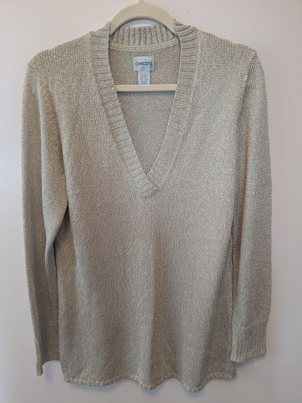 Chico's Metallic V-Neck Sweater in Champagne Gold